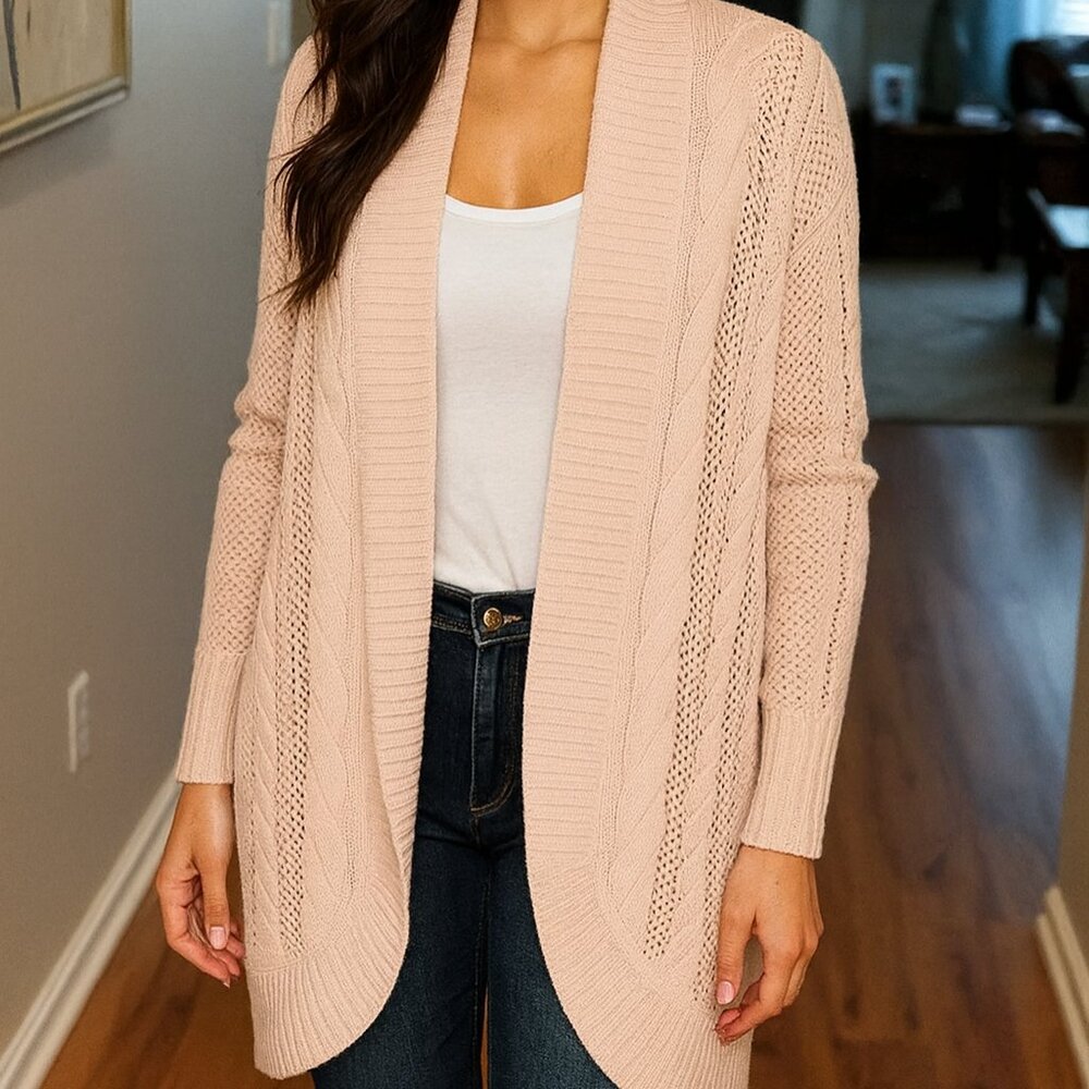 Pure Collection 100% cashmere camel pink open front ribbed long cardigan, M